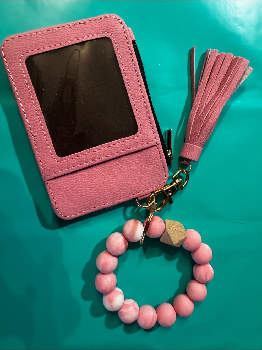 Pink Wristlet Card Holder Keychain with Tassel